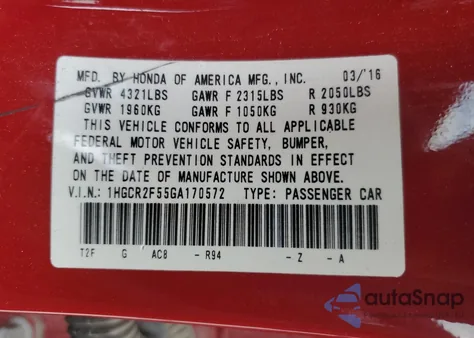 2016 Honda Accord Sport из США, поврежденный, VIN 1HGCR2F55GA170572